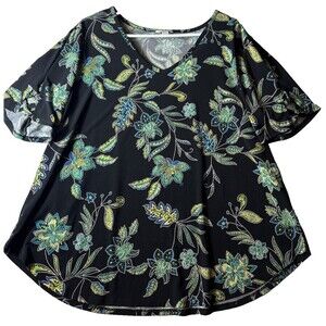 Est 1946 Floral Beaded Blouse Women's 18/20 Black Blue Green Tunic Top